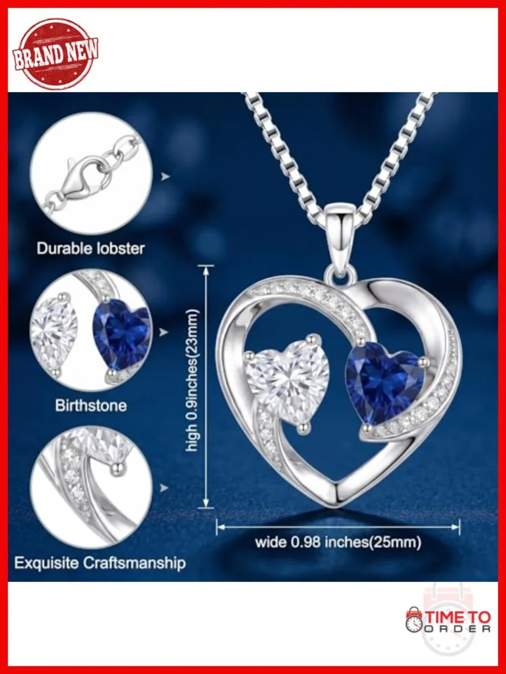 Double Heart Birthstone Pendant Necklace 18k White Gold Plated Adjustable Chain